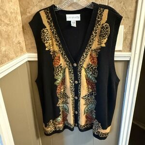 CST Studio Leopard Leaves Black Knit Sweater Fall Vest 3X Sleeveless